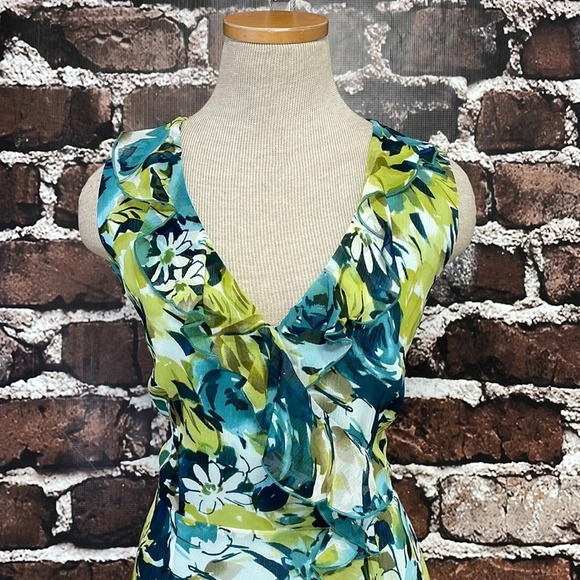 Pendleton Dress Silk Sleeveless Blue Green Knee Length Floral Ruffle Size 4P - Picture 4 of 14